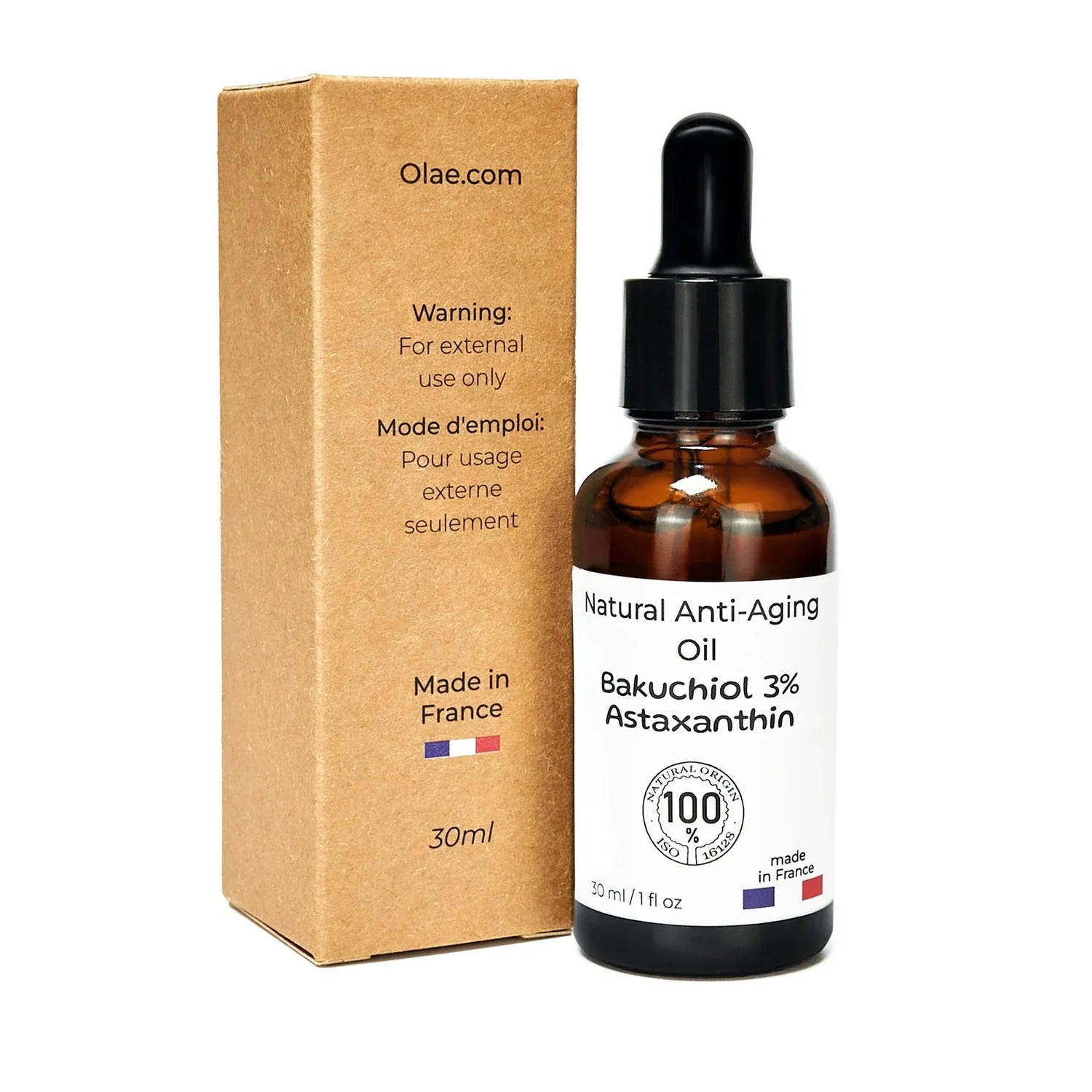 3 % de bakuchiol + astaxanthine dans du squalane. Huile naturelle, végétalienne et anti-âge.