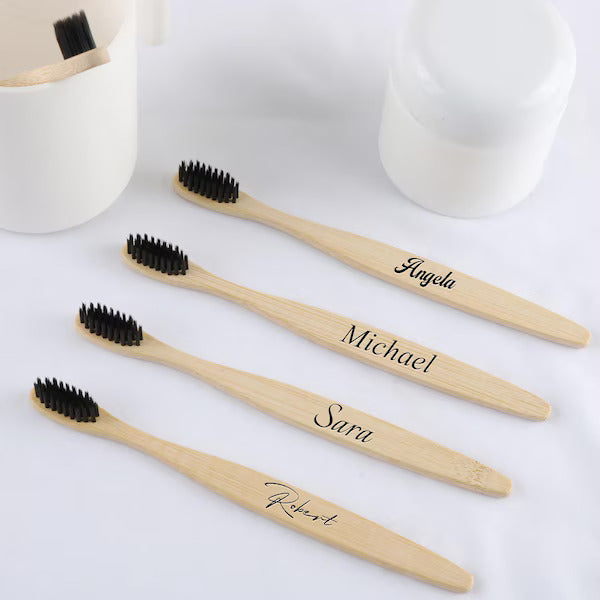 Brosses à dents en bambou pour enfants 100 % matières végétales / Poils en huile de ricin / Souples / Manche en bois / Naturelles / Durables / Zéro déchet / Véganes