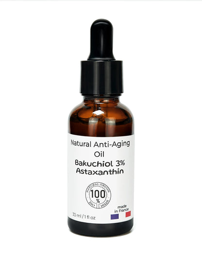 3 % de bakuchiol + astaxanthine dans du squalane. Huile naturelle, végétalienne et anti-âge.