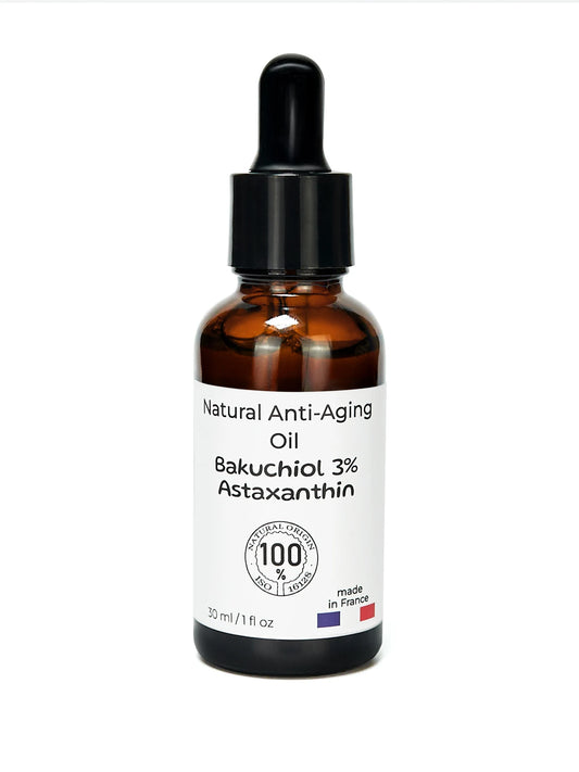 3 % de bakuchiol + astaxanthine dans du squalane. Huile naturelle, végétalienne et anti-âge.