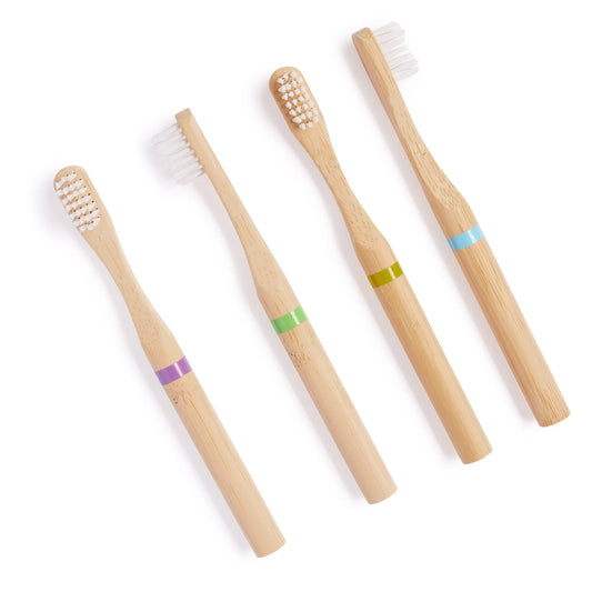 Brosses à dents en bambou pour enfants 100 % matières végétales / Poils en huile de ricin / Souples / Manche en bois / Naturelles / Durables / Zéro déchet / Véganes