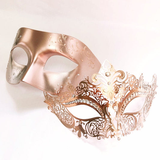 Masque de mascarade en or rose Masques de couple Masque pour homme en or rose Masque pour femme en or rose Masques en métal filigrané Masque vénitien Masques de fête de bal masqué