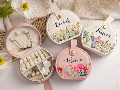 Coffret à bijoux personnalisé, coffret à bijoux avec fleur de naissance, cadeaux de mariage pour demoiselle d'honneur, coffret à bijoux de voyage avec nom, coffret à bijoux, cadeau d'anniversaire pour femme